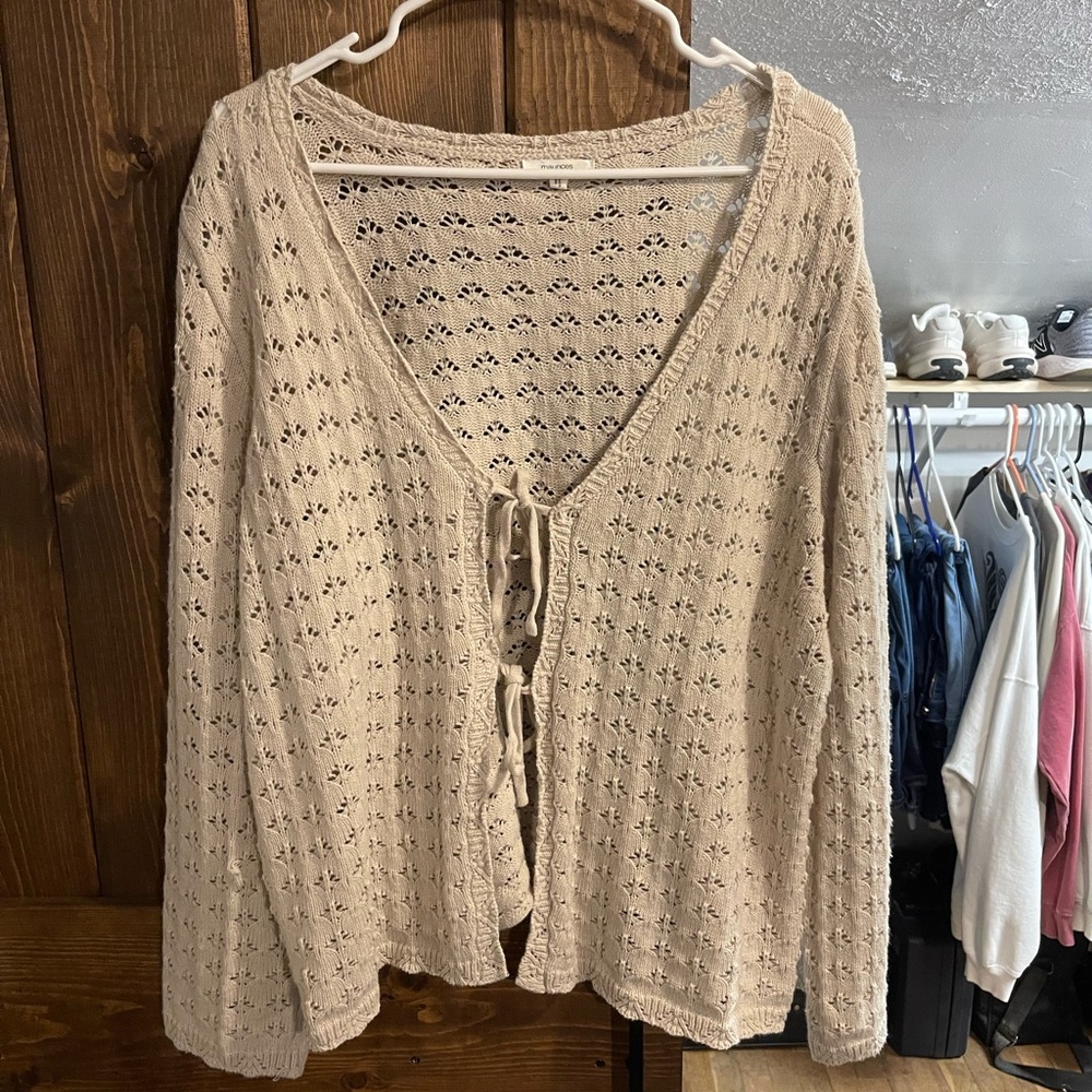 Maurices Open-Knit Tie-Front Cardigan in Light Beige